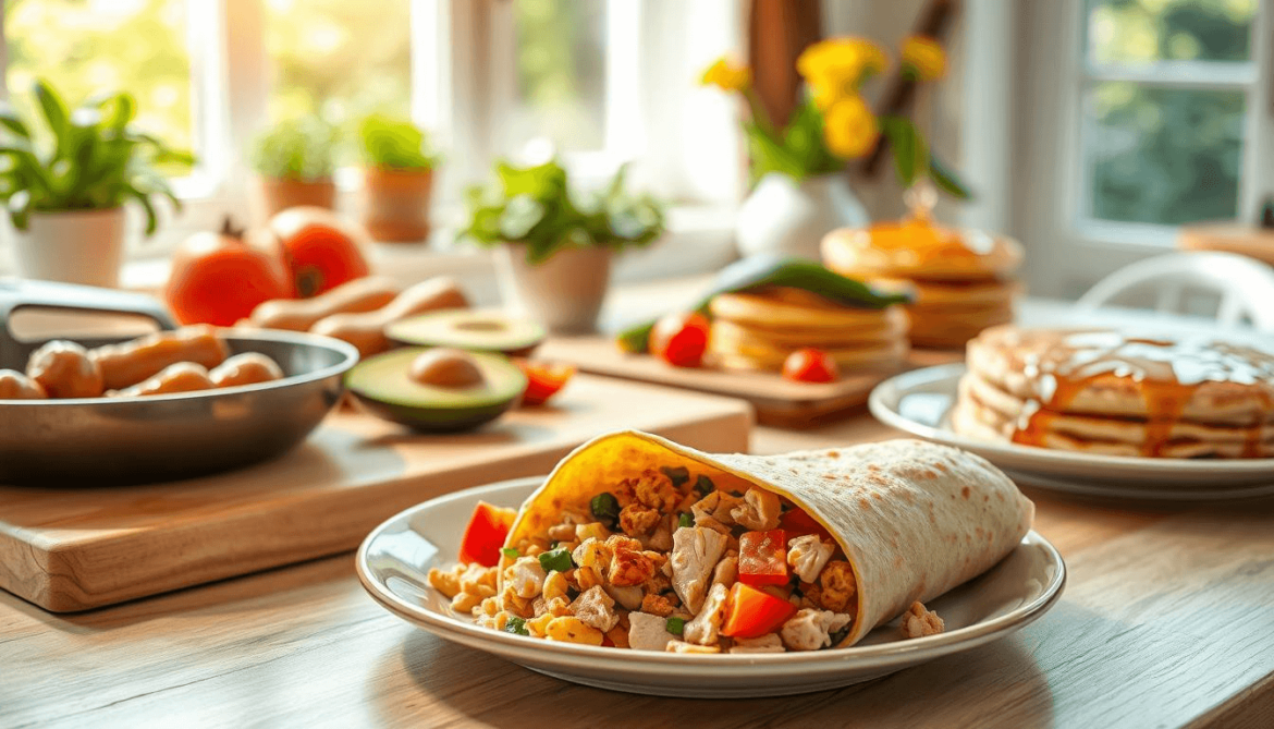 Grilled chicken served with eggs and vegetables for a healthy breakfast plate